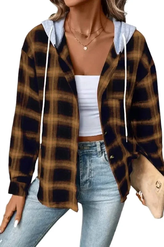 Soft Looks Comfortable Layering Options Mallory Plaid Hooded Shacket In Caramel