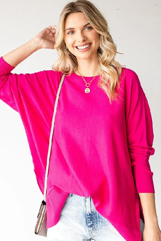 Effortless Elegance Simple Chic Pieces Fuchsia Dolman Sleeve Side Slit Sweater
