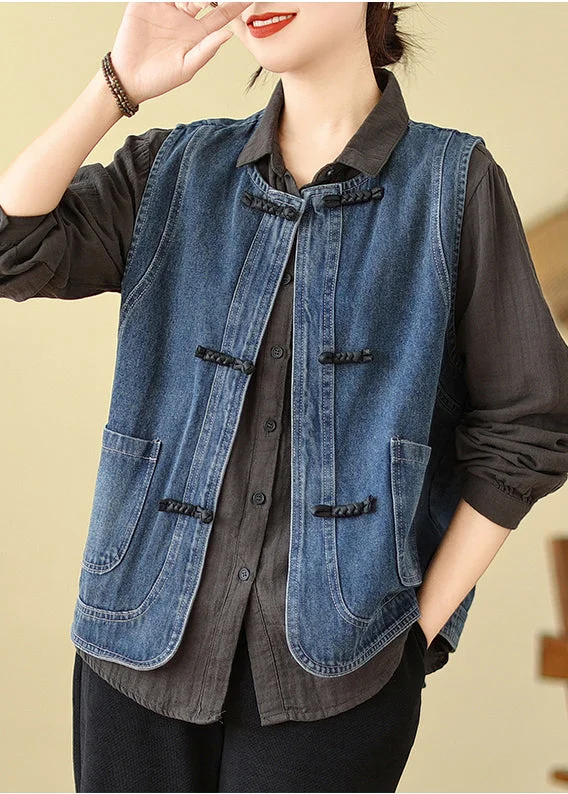 Effortless Wear Cozy Clothing Choices Art Blue Chinese Button Denim Vest Spring