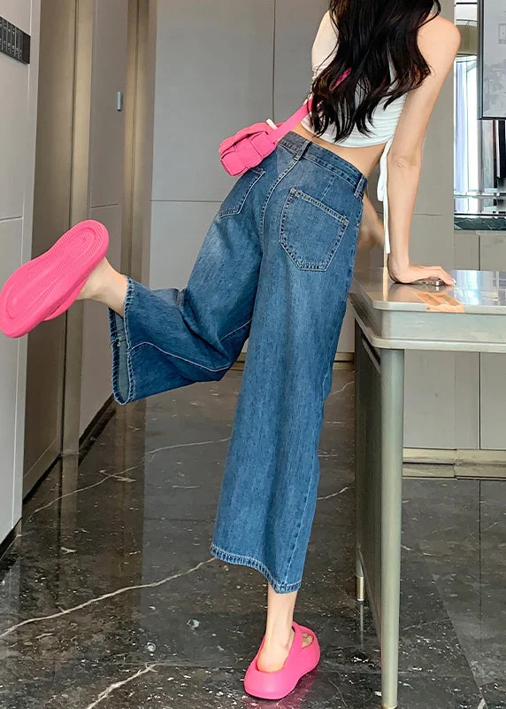 Breezy Style Trendy Warm Pieces Blue Fashion Pockets Denim Wide Leg Crop Pants Thin Summer
