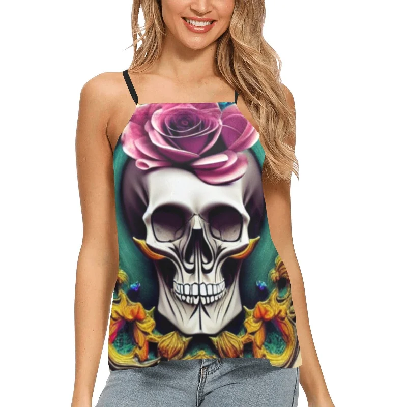 Comfy Chic Soft Street Fashion Women's Skull Face Purple Flower Tank Top