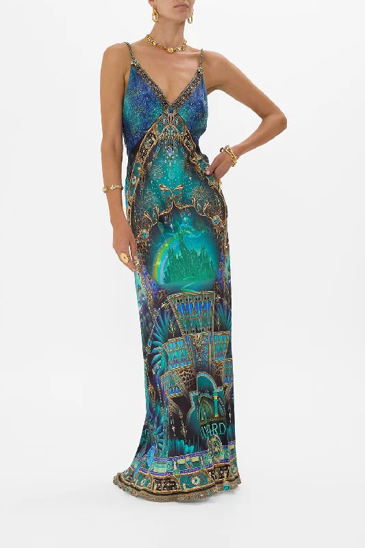Modern Chic Soft Chic Apparel V NECK LONG BIAS SLIP DRESS WITH TRAIN DEFY GRAVITY