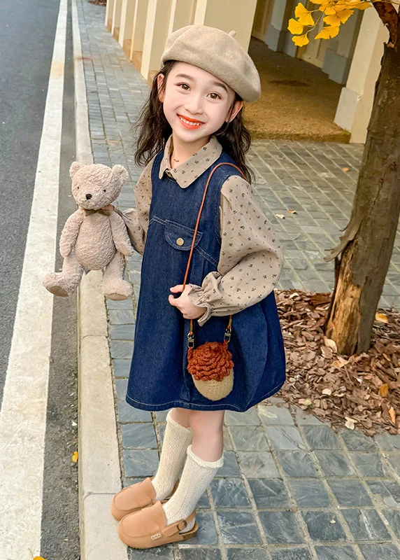 Summer Comfort Trendy Soft Fit Style Denim Blue Print Patchwork Kids Long Dresses Lantern Sleeve