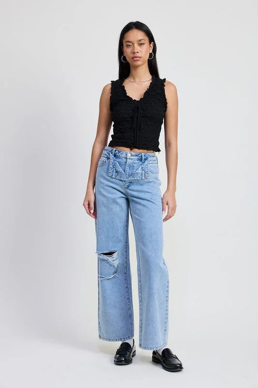 Cozy Layers Comfortable Chic Wearables Emory Park Front Layered Mid-Rise Distressed Straight Leg Jeans