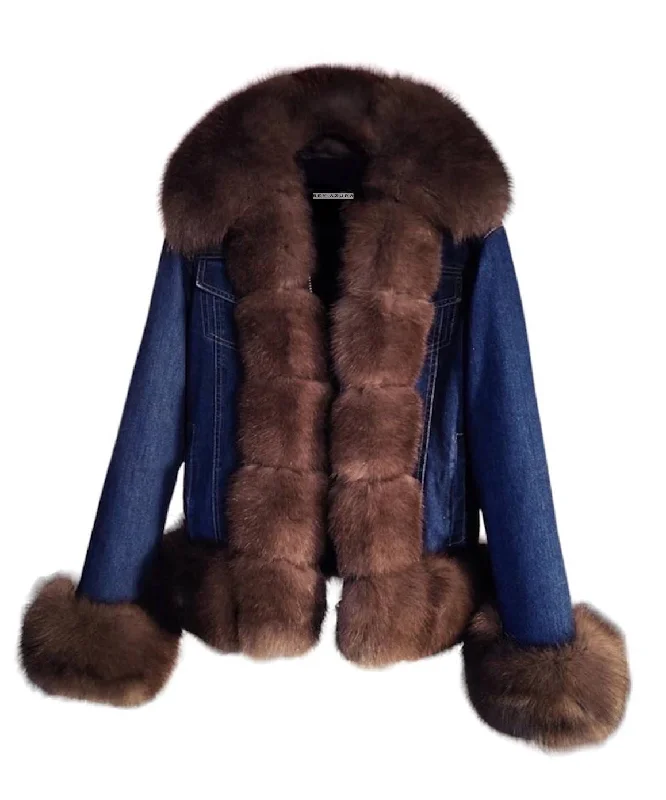 Comfortable Fashion Casual Soft Fit Fox Fur Trimmed Parka Denim Coat With Rabbit Fur Lining In Brown