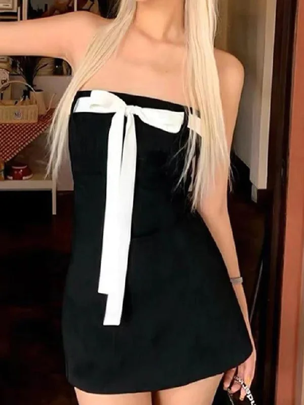 Effortless Dressing Trendy Warm Pieces Contrast Color Lace Up Strapless Mini Dress