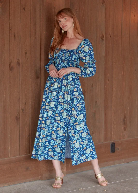 Soft Feel Trendy Cozy Wearables Navy Floral Metallic Puff Sleeve Maxi Dress