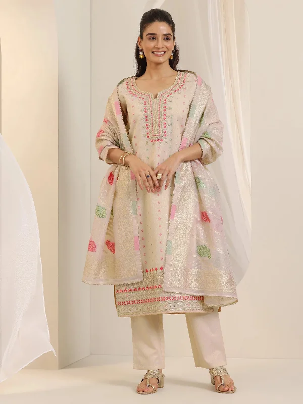 Soft Feel Effortless Cozy Wear Off White Woven Design Chanderi Silk Straight Suit Set With Dupatta Soft Feel Effortless Cozy Wear Off White Woven Design Chanderi Silk Straight Suit Set With Dupatta