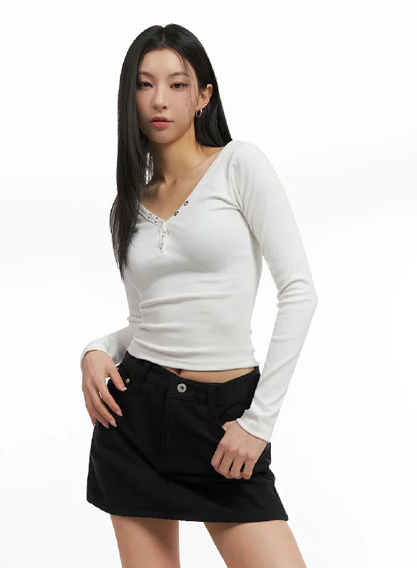 Fashion Comfort Trendy Comfy Outfits Buttoned Slim-Fit V-Neck Crop Top ID431