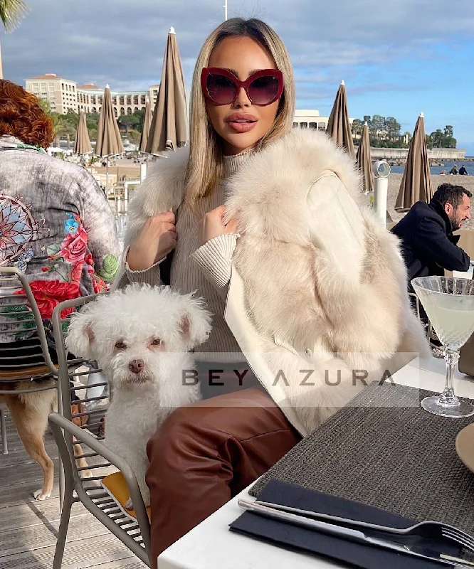 Breezy Comfort Stylish Layered Wear Fox Fur Sheepskin Leather Fur Coat