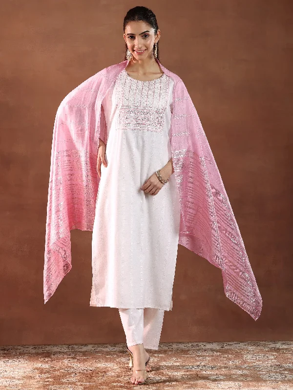 Layered Style Soft and Relaxed Fashion Off White Yoke Design Cotton Blend Straight Suit With Dupatta