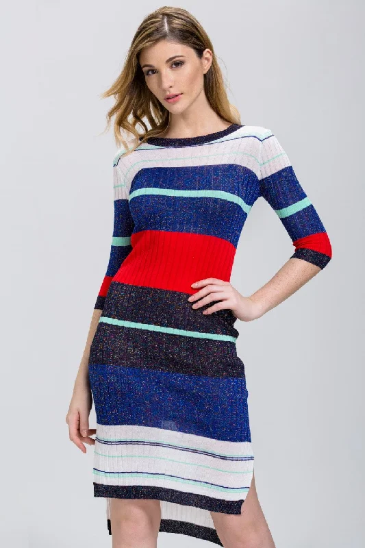 Urban Comfort Stylish Soft Outfits Striped Bodycon Sweater Dress with High-Low Hemline