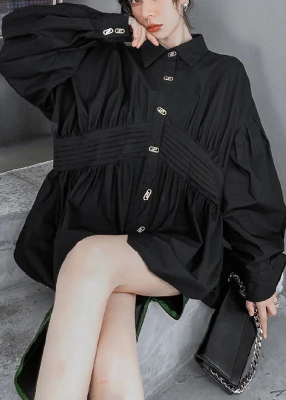 Modern Chic Cozy Layering Pieces Original Design Black Peter Pan Collar Wrinkled Loose Blouses Puff Sleeve Modern Chic Cozy Layering Pieces Original Design Black Peter Pan Collar Wrinkled Loose Blouses Puff Sleeve