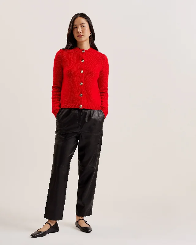 Breathable Style Stylish Layered Wear Jaycey Rose Button Crew Neck Cardigan Red
