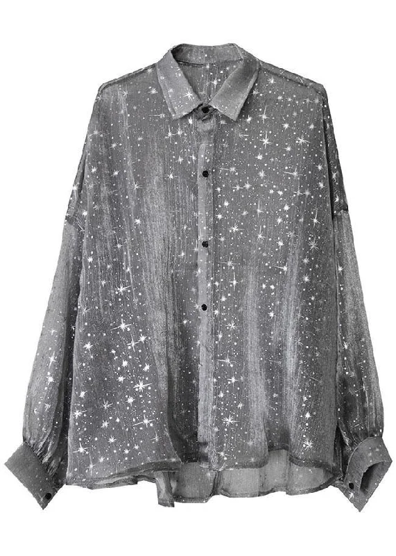 Sporty Elegance Relaxed Layered Looks Plus Size Grey Print Peter Pan Collar Button Blouse Top