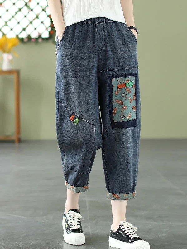 Modern Chic Soft Street Fashion Vintage Artistic Retro Applique Denim Pants