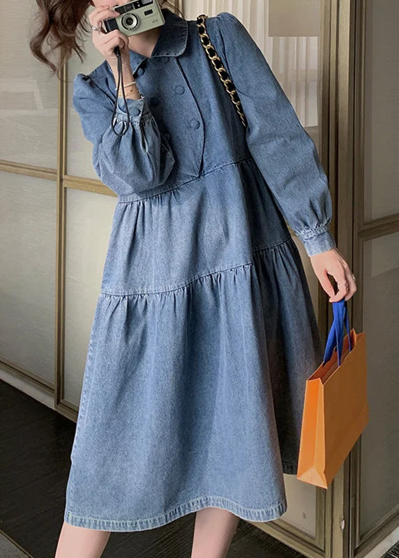 Easy Chic Soft Wear Fit Women Denim Blue Wrinkled Patchwork Long Dress Spring