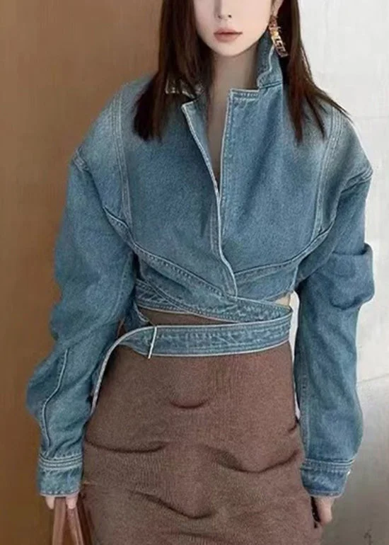 Trendy Looks Relaxed Streetwear Fit Original Design Blue Patchwork Short Denim Coat Batwing Sleeve