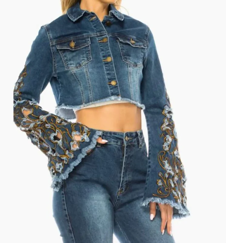 Layered Style Simple Chic Pieces Floral Lace Jean Jacket In Denim