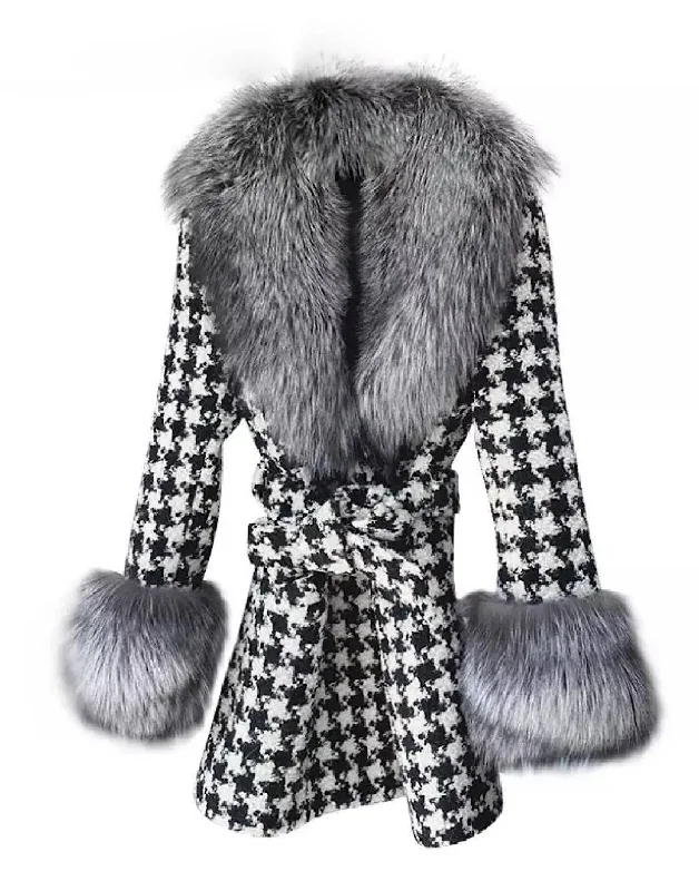 Chic Lounge Effortless Cozy Wear Midi Length Houndstooth Black Fox Fur Trim Belted Wool Jacket Chic Lounge Effortless Cozy Wear Midi Length Houndstooth Black Fox Fur Trim Belted Wool Jacket
