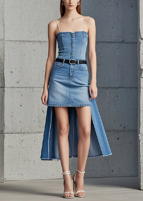 Easy Fashion Relaxed Fashion Styles Silm Fit Blue Asymmetrical Low High Design Denim Sundress Summer