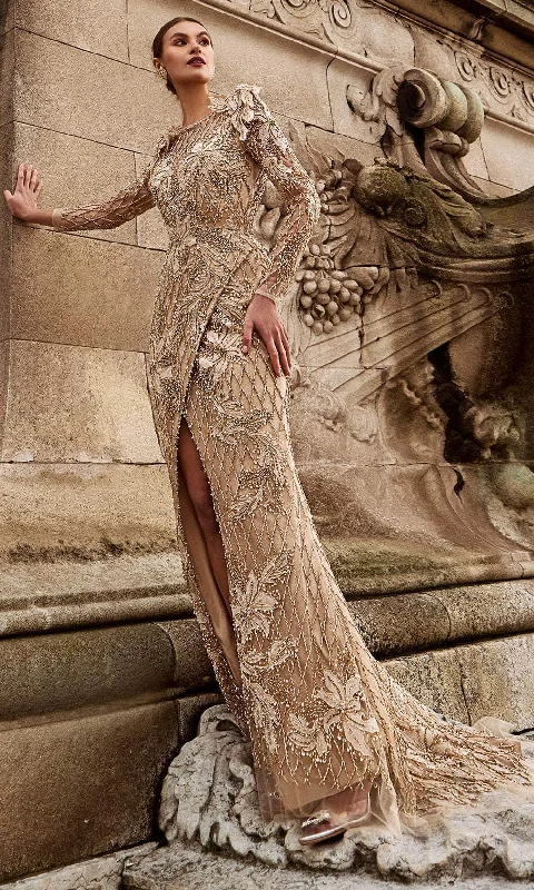 Layered Style Cozy Clothing Choices Terani Couture 242GL3219 - Long Sleeve Bead Embellished Evening Gown
