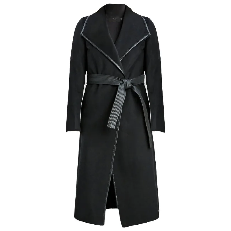 Soft Comfort Trendy Street Comfort Wear Juliette Double Face Faux Leather Trim Belted  Wool Coat Black