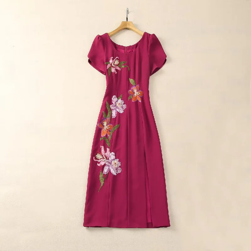 Breathable Style Relaxed Soft Fashion Elegant Short Sleeve Embroidered Slim Fit Mid-length Formal Dress Hip Split Dress