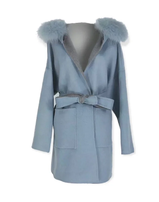 Casual Fit Simple Comfort Trends Double Faced Belted Wool Cashmere Coat With Fur Hoodie In Blue Casual Fit Simple Comfort Trends Double Faced Belted Wool Cashmere Coat With Fur Hoodie In Blue