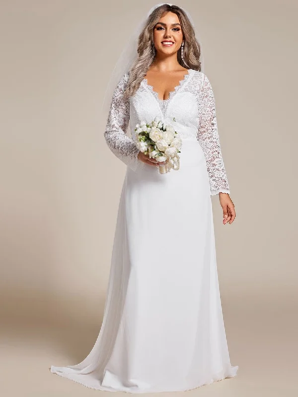 Modern Chic Comfortable Everyday Pieces Nola | Plus Size Lace Long Sleeves Eyelash Edge Bodycon Mermaid Chiffon Wedding Dress