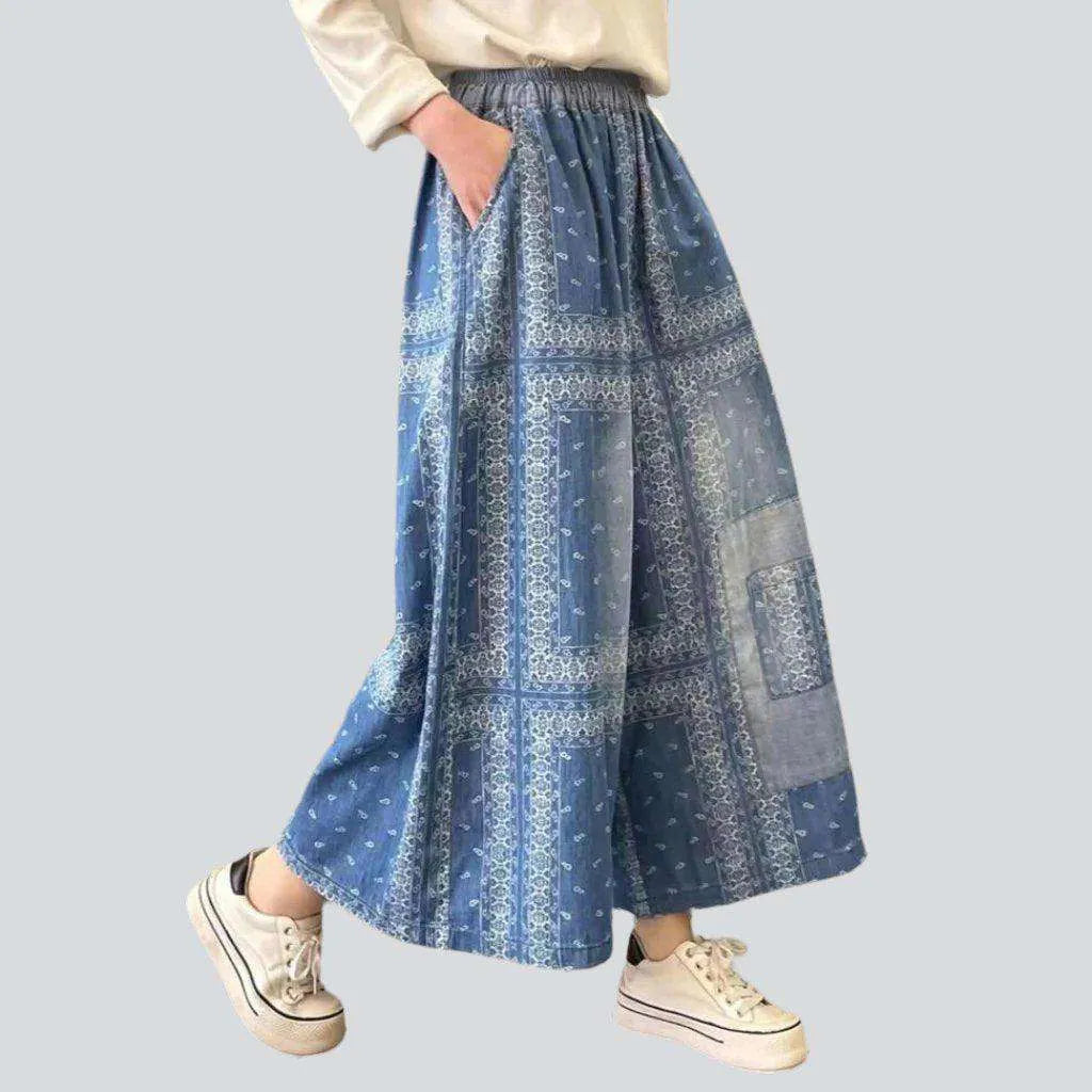 Basic Comfort Relaxed Fashion Styles Ornament print culottes denim pants