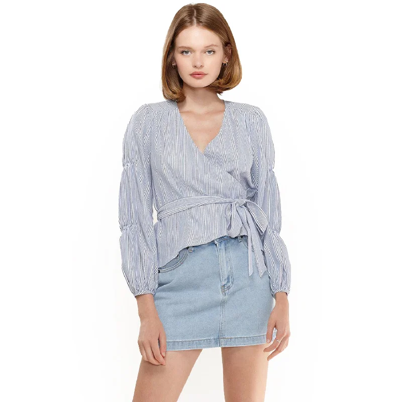 Casual Chic Wear Chic and Comfortable Pieces Women's Smocked Sleeve Stripe Wrap Blouse in Blue