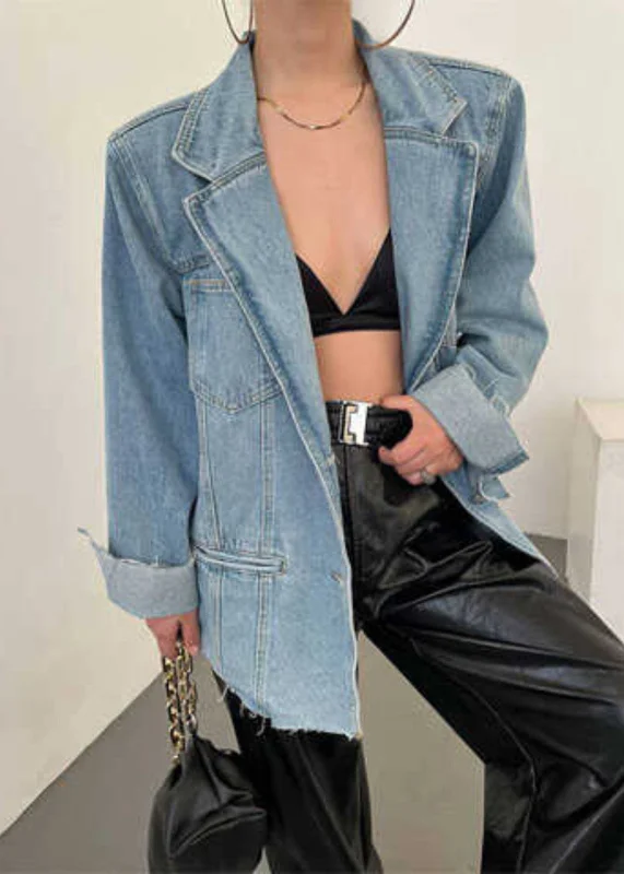 Comfortable Jackets Comfortable Layered Looks Loose Blue Pockets Notched Denim Coats Spring