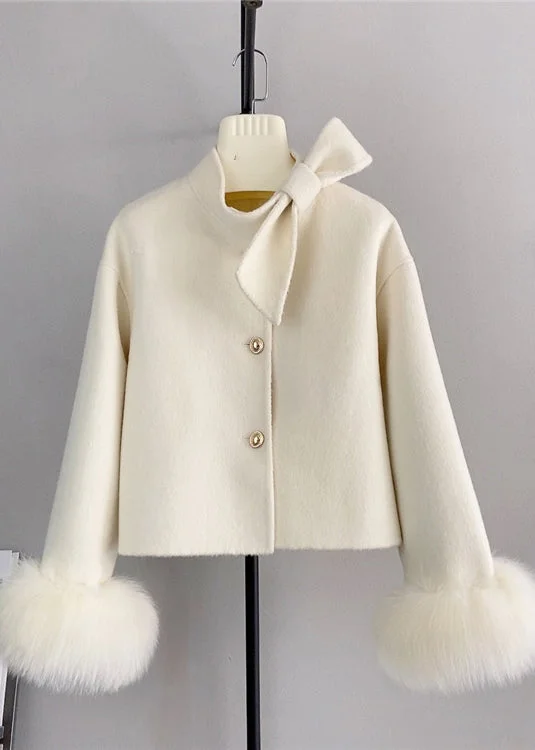 Summer Comfort Warm Street Style New White Wool Bow Button Fox Hair Cuff Short Coat Winter Summer Comfort Warm Street Style New White Wool Bow Button Fox Hair Cuff Short Coat Winter