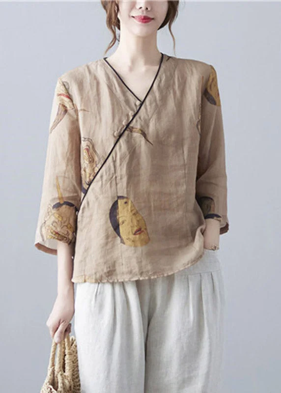 Cozy Shirts Trendy Casual Comfort Organic Brown V Neck Print Button Top Three Quarter sleeve Cozy Shirts Trendy Casual Comfort Organic Brown V Neck Print Button Top Three Quarter sleeve