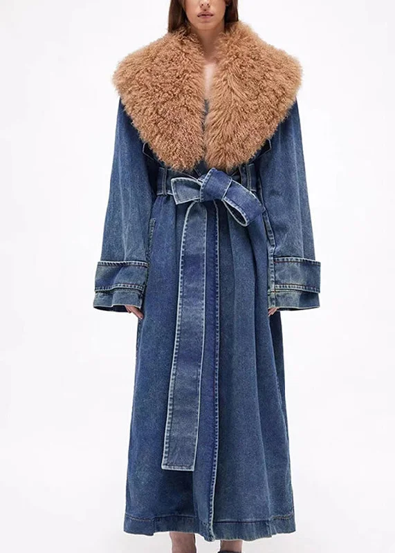 Cozy Fashion Cozy Chic Styles Plus Size Denim Blue Fur Collar Patchwork Tie Waist Long Trench Coats Winter
