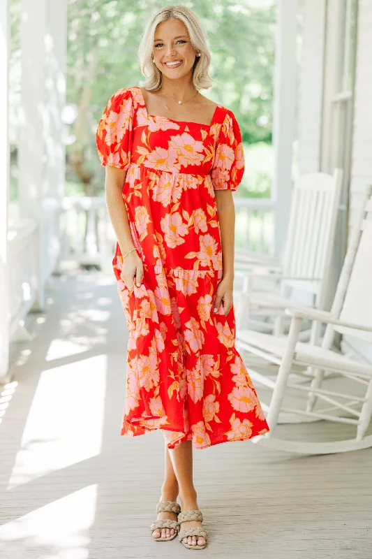 Trendy Dresses Effortless Cozy Layers Think About It Red Floral Midi Dress