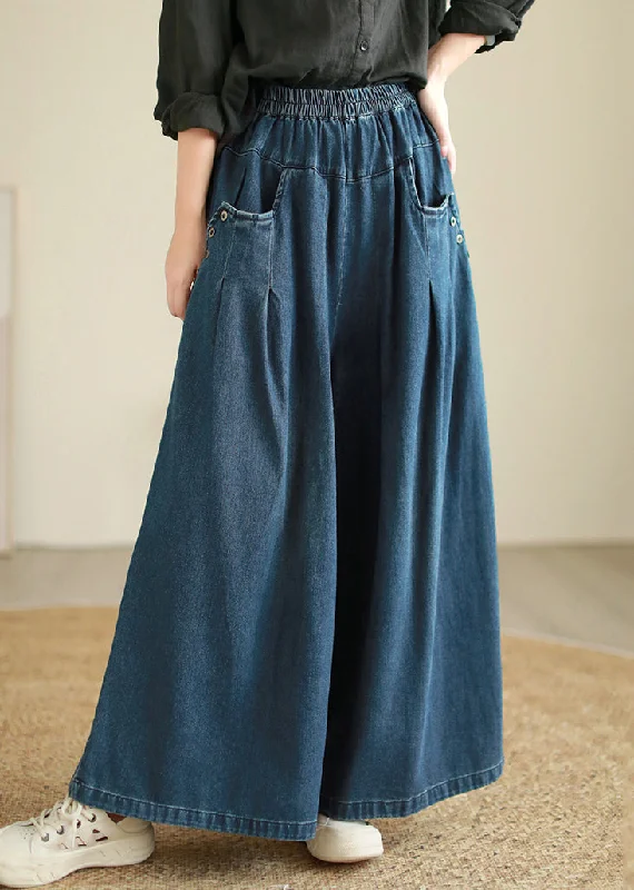 Effortless Elegance Soft Wearable Comfort Loose Blue Pockets Elastic Waist Patchwork Denim Pants Fall