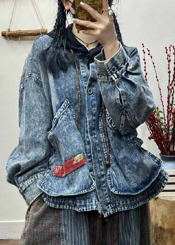 Stylish Wear Effortless Comfort Fit Loose Blue Pockets Patchwork Denim Short Coats Spring