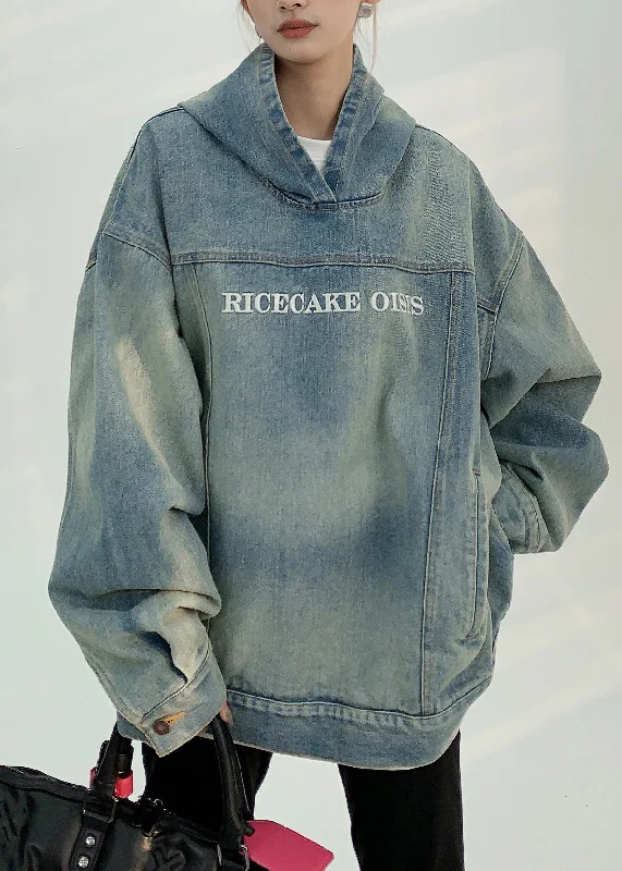 Soft Knitwear Effortless Street Chic Vintage Denim Blue Patchwork Embroidered Hooded Coat Spring