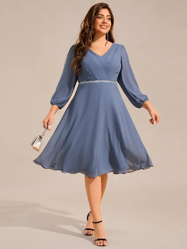 Cozy Outerwear Cozy Everyday Styles Plus Size Long Sleeve Midi A-Line Wedding Guest Dress with Waist Chain