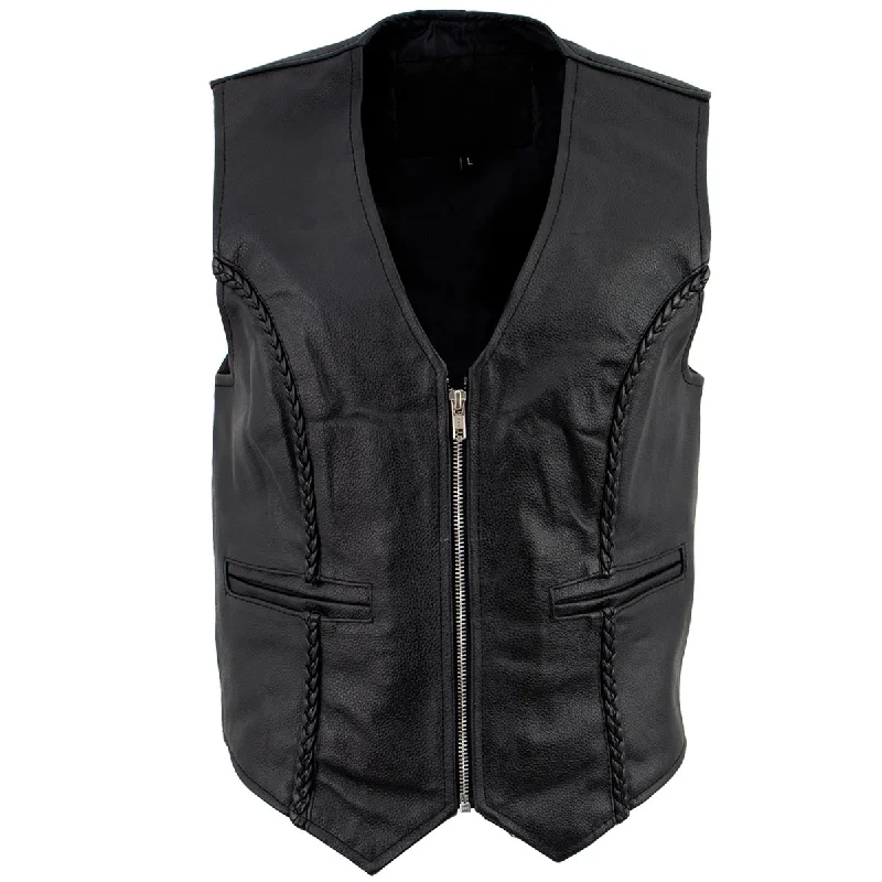 Easy Fashion Trendy Soft Looks Ladies XS776 Black Braided Motorcycle Vest with Zipper Closure
