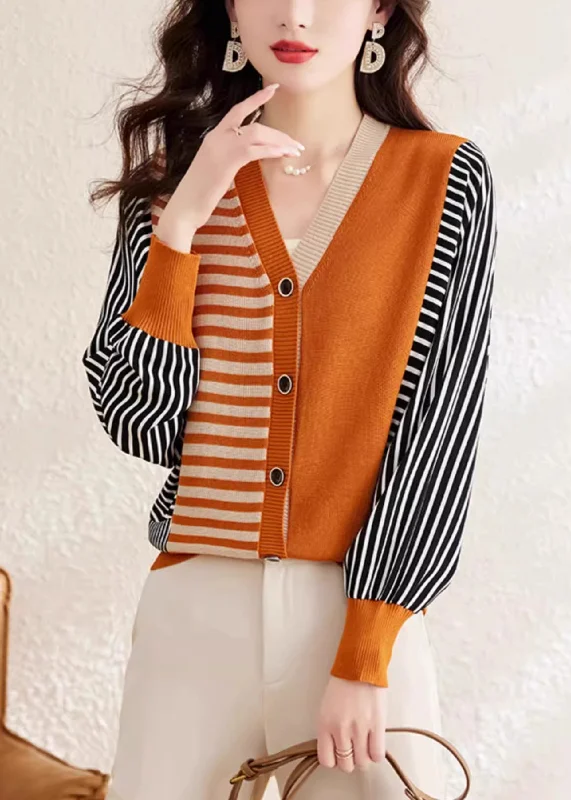 Timeless Comfort Comfortable Wardrobe Pieces Fashion Orange V Neck Striped Button Woolen Sweater Spring