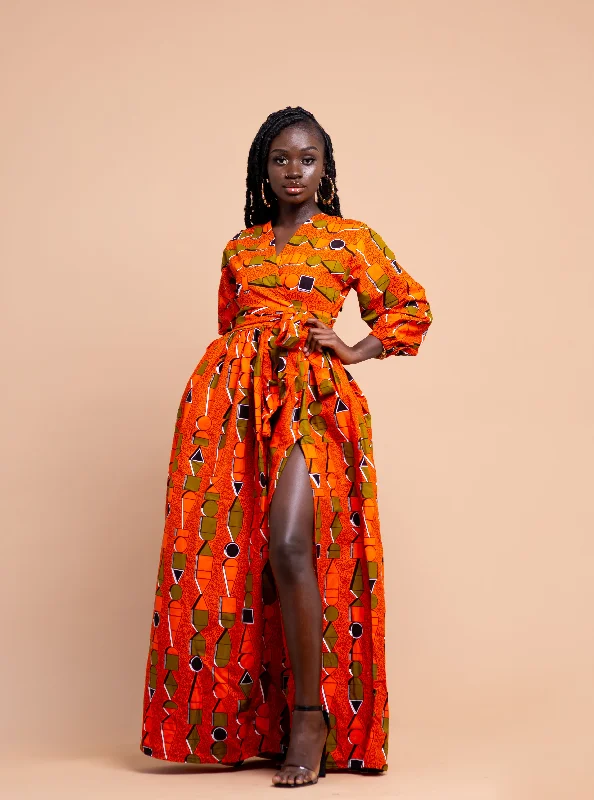 Relaxed Fit Comfortable Warm Layers Annette Ankara Maxi Dress | Orange African Print