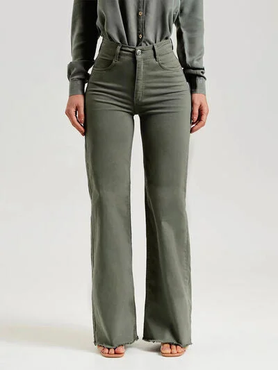 All-Day Wear Trendy Warm Pieces Buttoned Raw Hem Jeans with Pockets