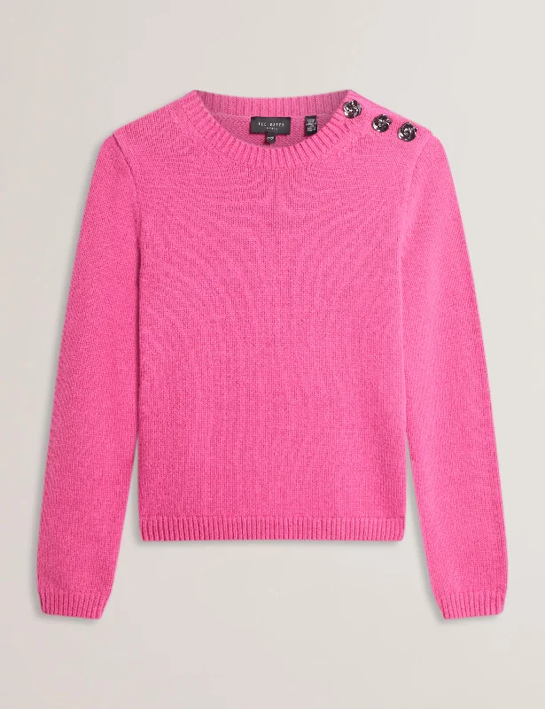 Easygoing Style Relaxed Fashion Styles Janha Rose Button Crew Neck Long Sleeve Sweater Brt-Pink