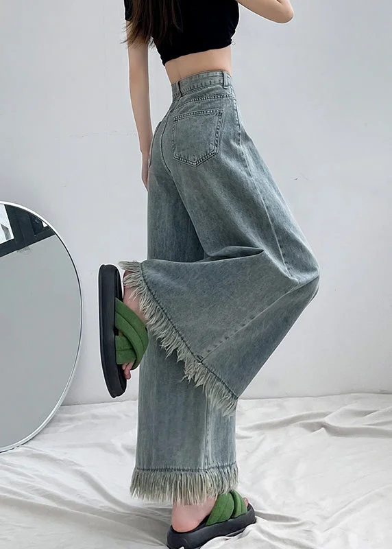 Summer Comfort Warm Soft Clothing Italian Light Blue Tasseled Pockets Denim Wide Leg Pants Spring