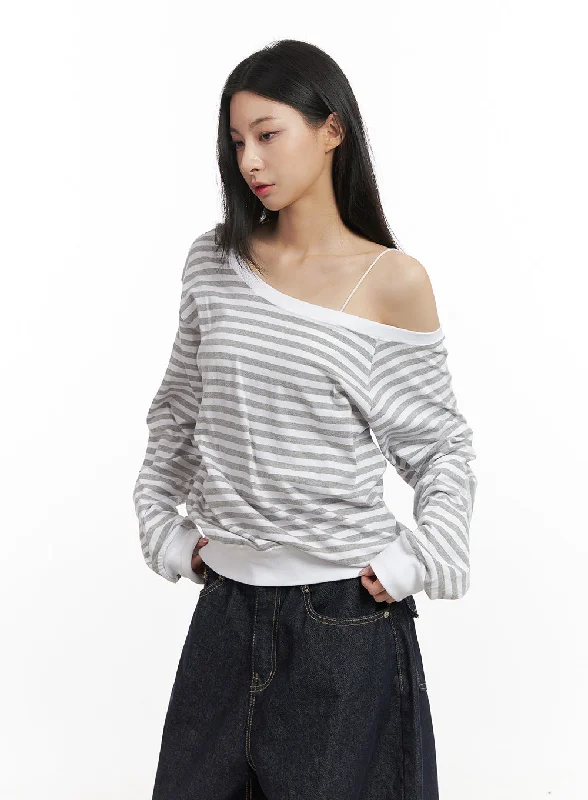 Cozy Outfit Warm Comfortable Fits Loose-Fit Striped Drop-Shoulder Top CN426