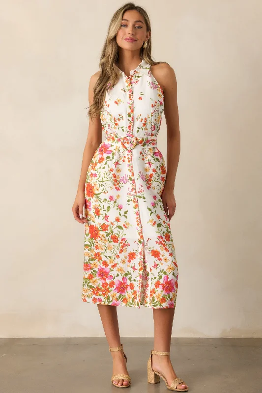 Chic Outfits Fashion Chic Comfort Garden Girl Ivory Floral Button Front Midi Dress