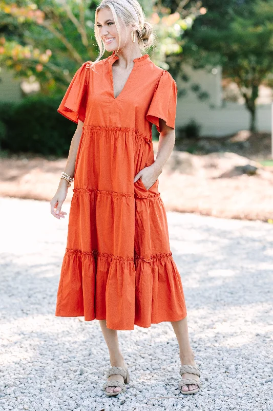 Elegant Wear Casual Soft Fit Sugarlips: Make A Statement Rust Orange Tiered Midi Dress